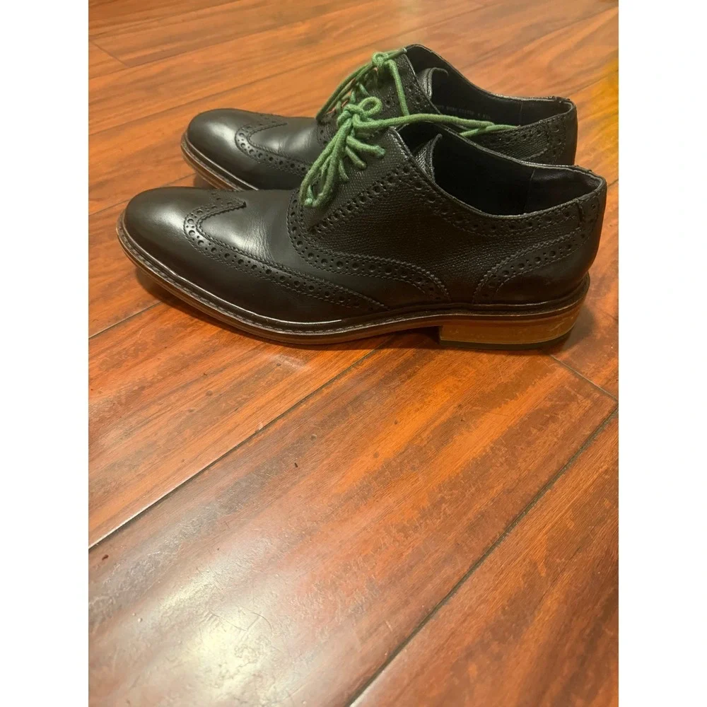 Cole Haan Mens Black Leather Wingtip Oxford Dress Shoes Green Laces  9.5 M